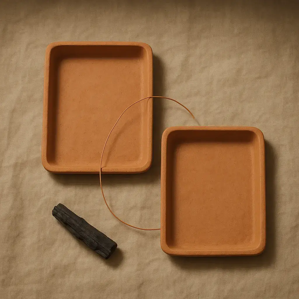 Two clay trays linked by a thin copper thread